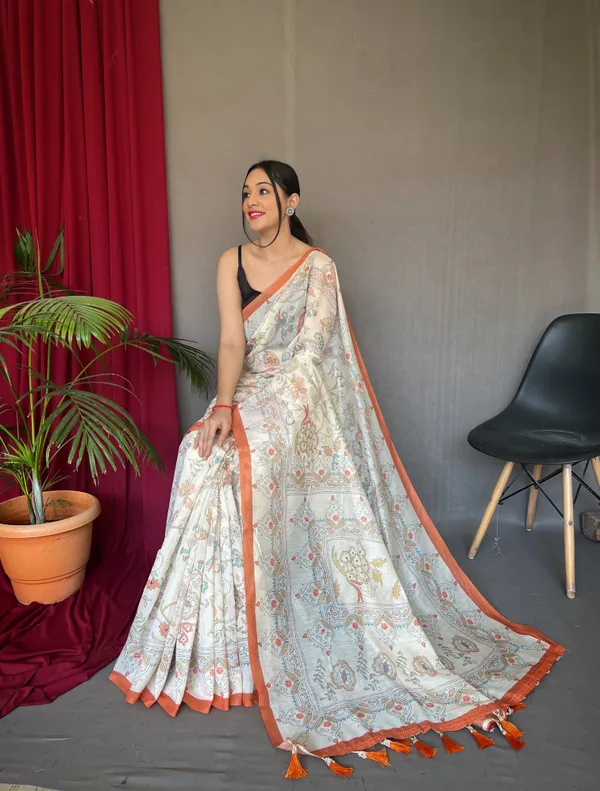 white_&_Orange_Pure_Malai_Cotton_Sarees_With_Katha_Print_Work_With_Blouse_Piece_Attached